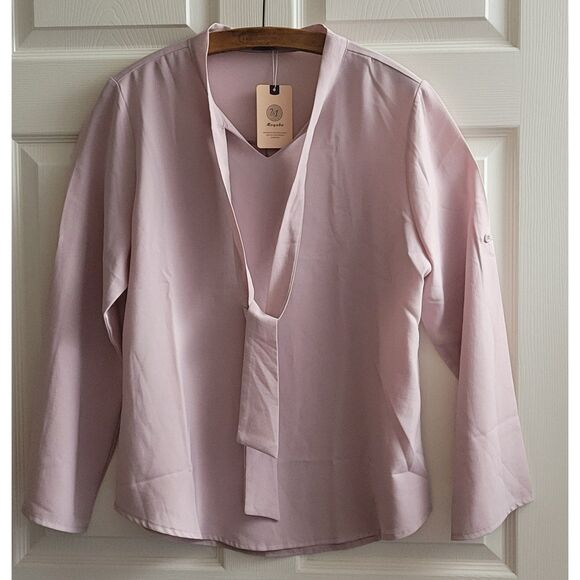 Moyabo Womens L Bow Tie Neck Roll-Up Long Sleeve Corpcore PK Chiffon Blouse NWT - Picture 2 of 9